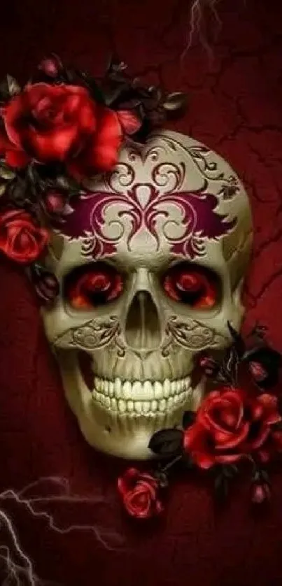 Dark red skull with roses wallpaper