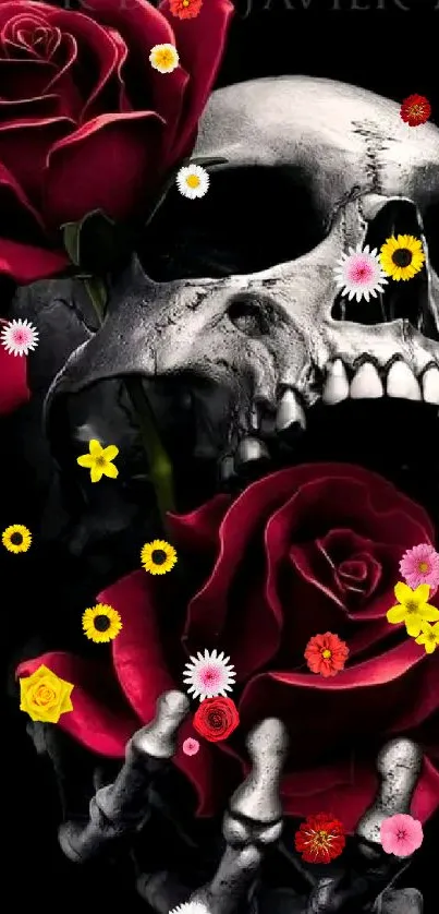 Dark skull with red roses mobile wallpaper art.