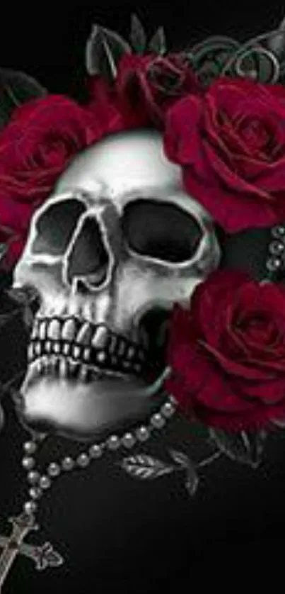 Skull decorated with red roses on a dark background wallpaper.