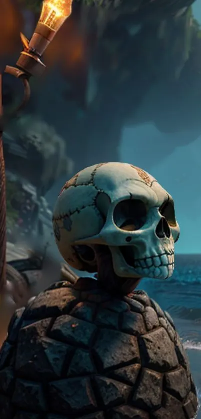 Fantasy skull on rocky shore with ocean.