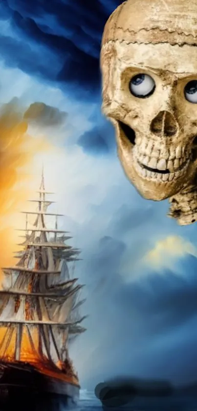 Fantasy wallpaper featuring a giant skull and a fiery ship against a mystical sky.