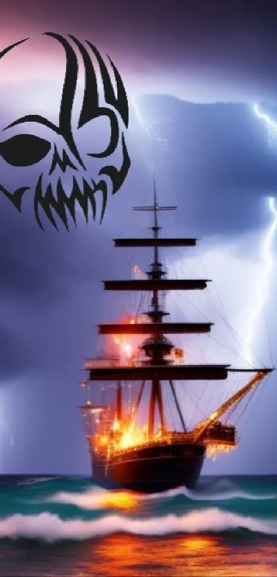 Mobile wallpaper of ship in storm with lightning and skull illustration.