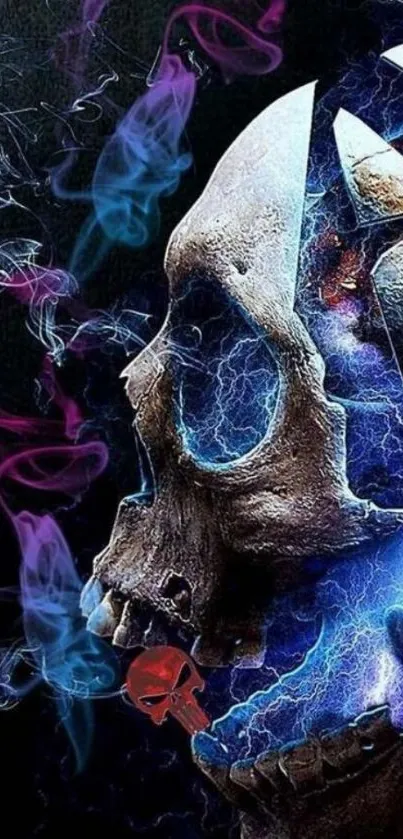 Dynamic skull with colorful smoke and electric effects.