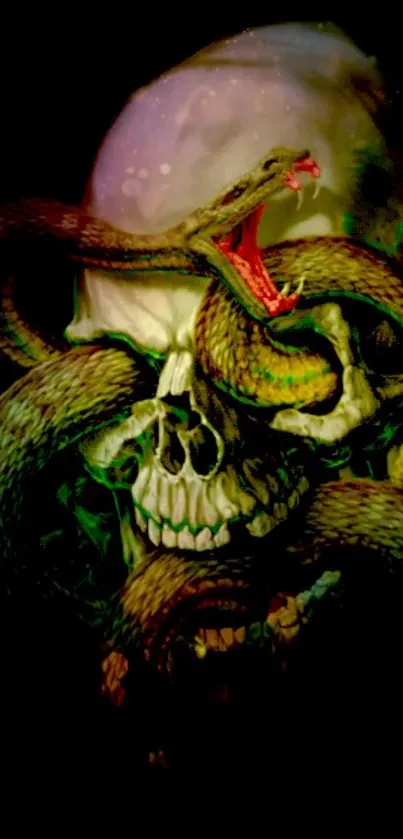 Skull with intertwined snakes artwork in dark green tones on mobile wallpaper.