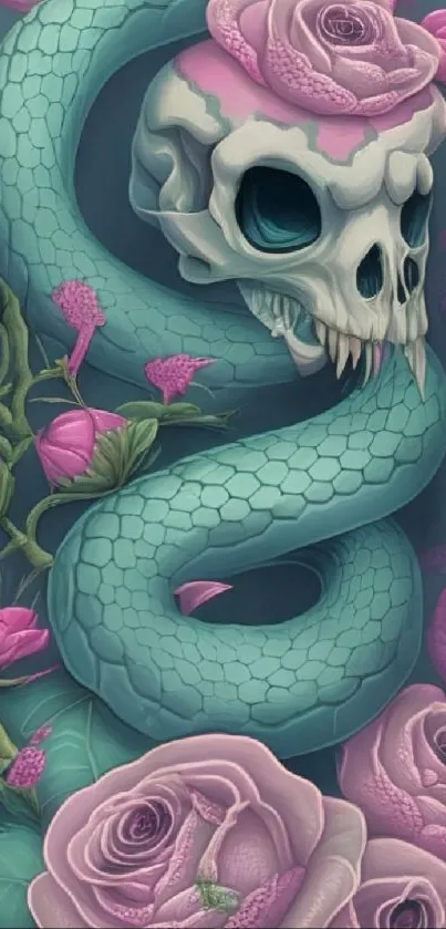 Teal snake wrapped around skull with pink roses on wallpaper.