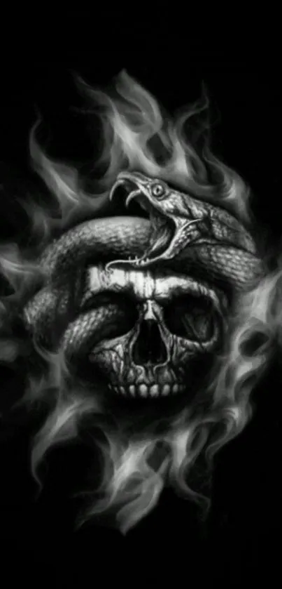 Black and white wallpaper with skull and snake art.