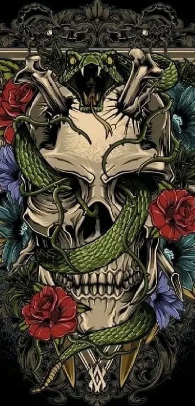 Gothic skull and serpent art with floral details on a black background.