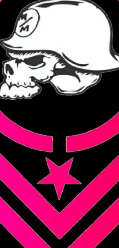 Skull wearing helmet over pink star on black background wallpaper.