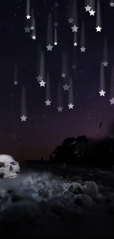 Skull and stars under a dark purple night sky with falling stars.