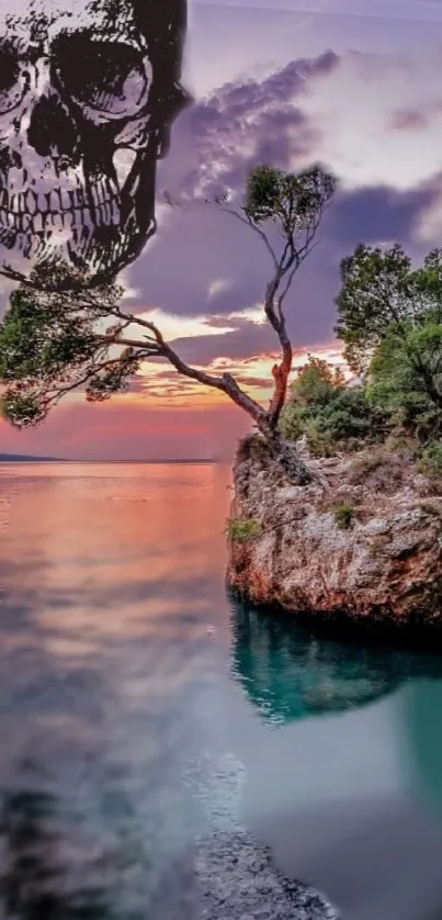 Surreal wallpaper with a skull, sunset, and rocky coast.