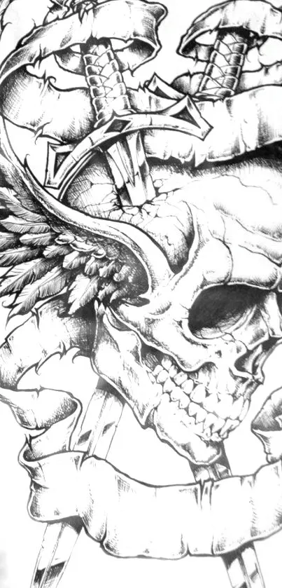 Intricate black and white skull with swords wallpaper.