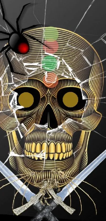 Golden skull and crossed swords with spider on shattered glass background.