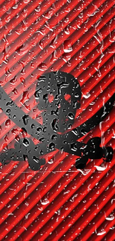 Skull and crossbones with water droplets on a red background.