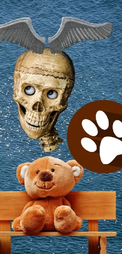 Surreal wallpaper with skull, teddy, and paw on blue background.