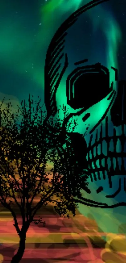 Skull and tree silhouette under vibrant aurora sky.