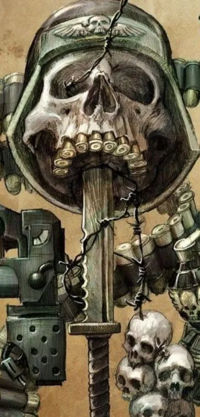 Gritty art of skulls and weapons in a military-themed mobile wallpaper.