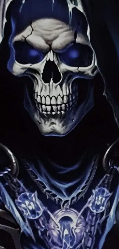 Dark skull art with blue hues and hooded figure.