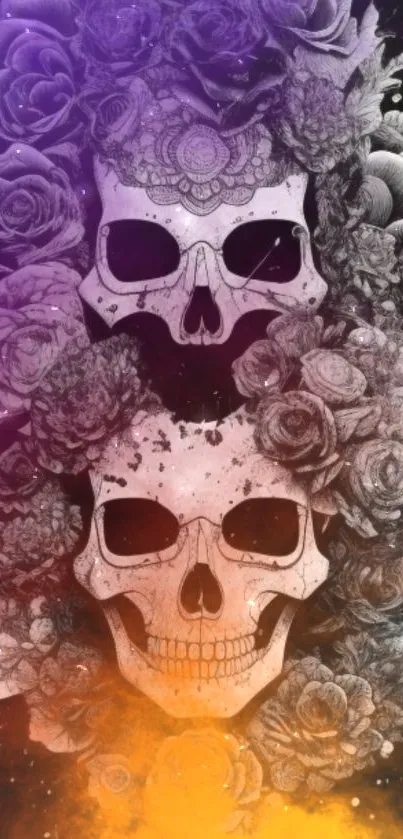 Artistic skulls with vibrant floral background for mobile wallpaper.