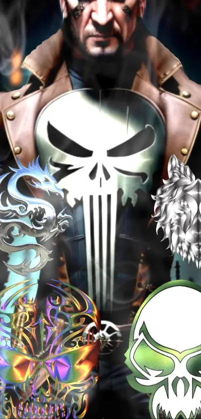 Edgy skull design mobile wallpaper with vibrant colors and graphic elements.