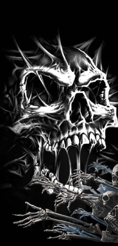 Dark skull art wallpaper with intricate skeletal design on a black background.