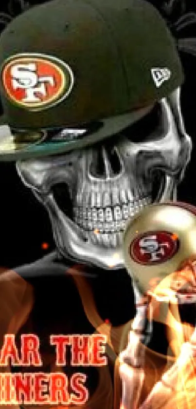 San Francisco 49ers skull artwork with hat and logo helmet.