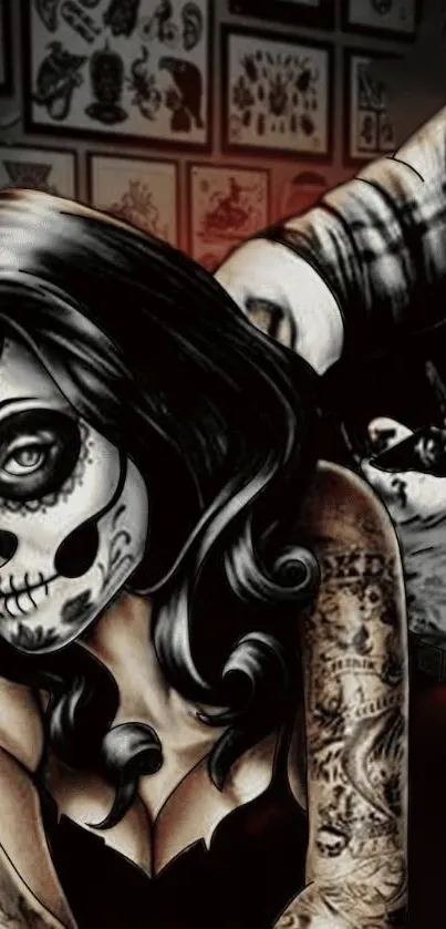 Tattoo-inspired skull art wallpaper for mobile phones.