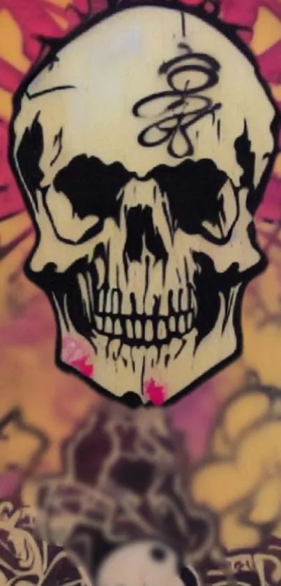 Vibrant skull graffiti art wallpaper with bold colors and intricate design.