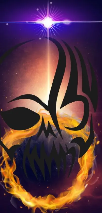 Cosmic skull with fiery flames on dark space background.