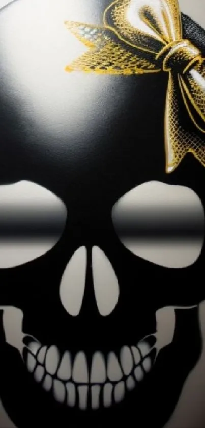 Stylish black skull with a golden ribbon on a phone wallpaper.