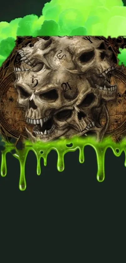 Vibrant skull artwork with green smoke and mystical tones.