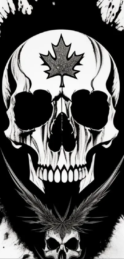 Skull illustration with maple leaf in monochrome style.