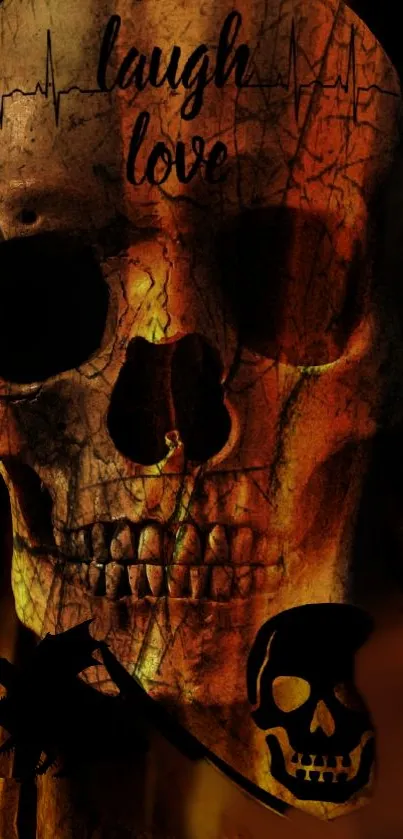 Intricate skull art wallpaper with 'laugh love' text in fiery orange tones.