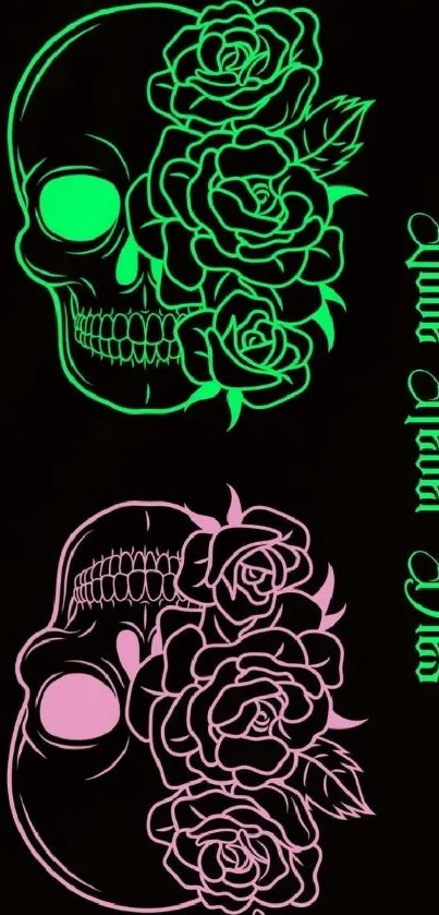 Artistic skulls with vibrant flowers and neon colors on a black background.