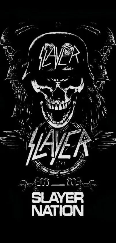 Edgy skull design with Slayer logo on black background, suitable for mobile wallpaper.