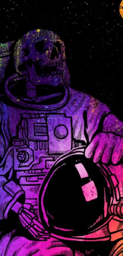 A skull-faced astronaut holding a helmet in a colorful cosmic setting.