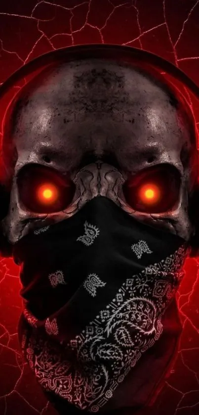 Skull with glowing red eyes and bandana wallpaper.