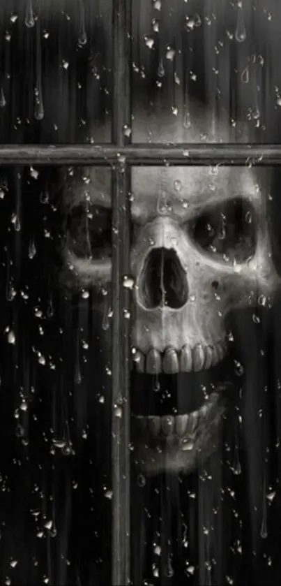 Skull art behind a rainy window, creating a spooky atmosphere for mobile wallpaper.