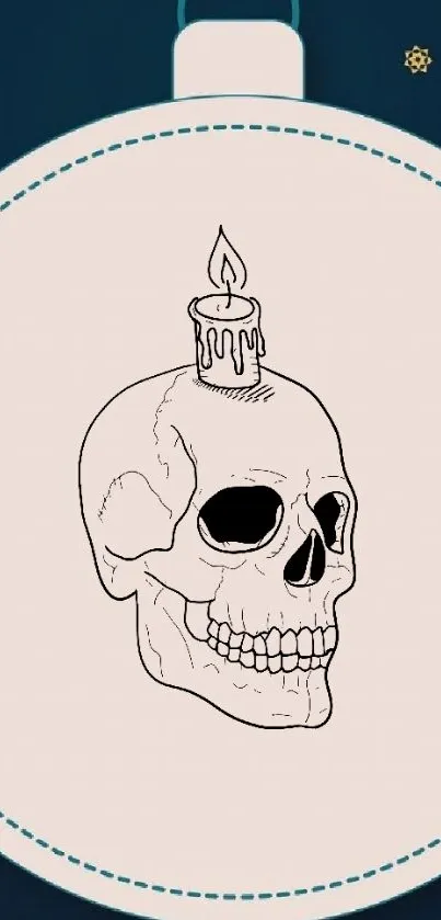 Illustrated skull with candle wallpaper on beige background.