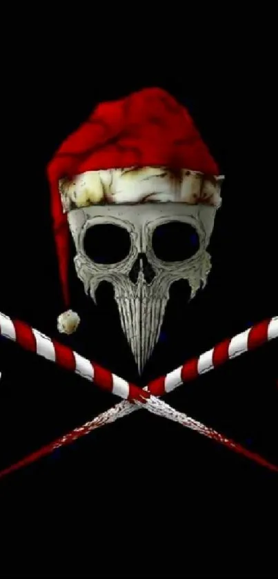 Skull in Santa hat with candy canes on black background.