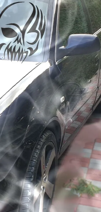 Edgy skull reflection on a car for mobile wallpaper.