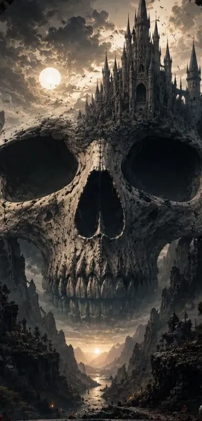 Skull-shaped castle with a dramatic sky and dark landscape.
