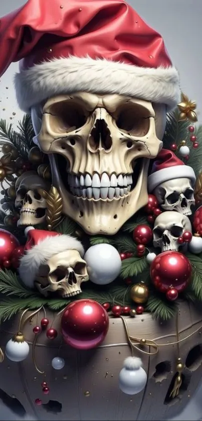 Skull adorned with festive Christmas decorations and Santa hats.