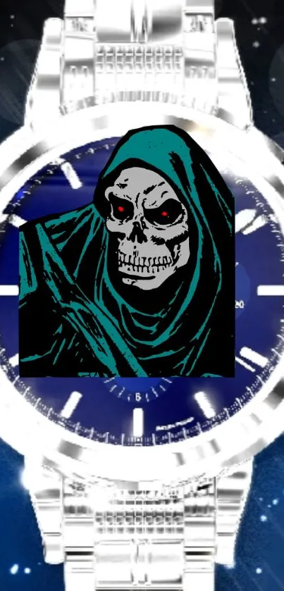 Gothic skull on a blue watch face mobile wallpaper.