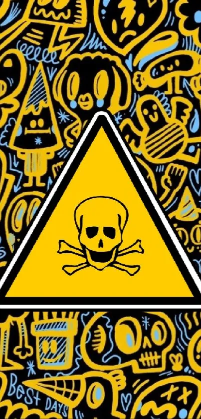 Yellow doodle wallpaper with a skull warning sign.