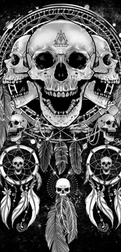 Intricate skull dreamcatcher wallpaper in monochrome design for mobile.