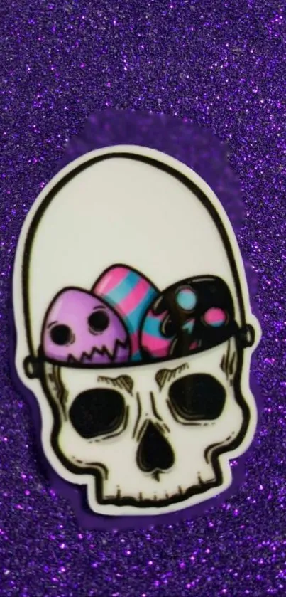 Purple glitter wallpaper with skull and colorful Easter eggs.