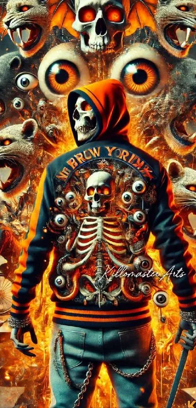 Fantasy skull art with creatures in vibrant orange hues.