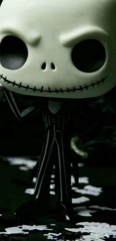 Black and white skull figure on a dark background, creating a mysterious vibe.