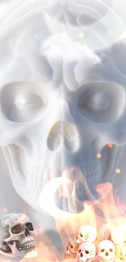 Ethereal skull with fire-themed design in mystical mobile wallpaper.