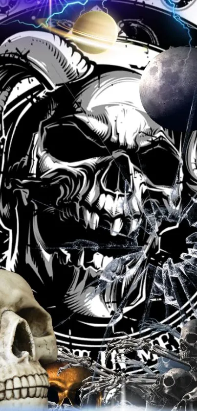 Illustrated skull wallpaper with cosmic elements and monochrome style.